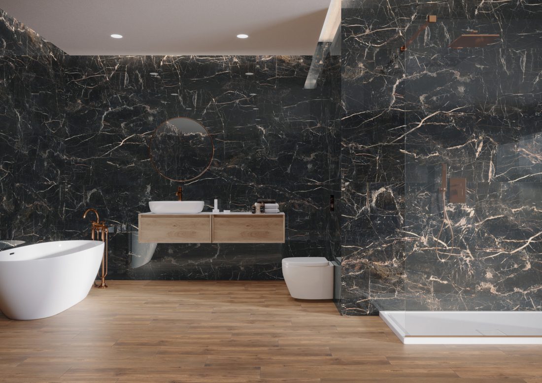 Marquina Gold, prod. Cerrad. Inspirowana szlachetnością marmuru kolekcja płytek gresowych Marquina Gold to propozycja przede wszystkim dla zwolenników eleganckich, ponadczasowych wnętrz urządzonych z subtelnym nawiązaniem do najnowszych trendów. Tonalny wzór płytek idealnie odwzorowuje misterną sieć żyłek naturalnego kamienia, oddając klimat luksusu.