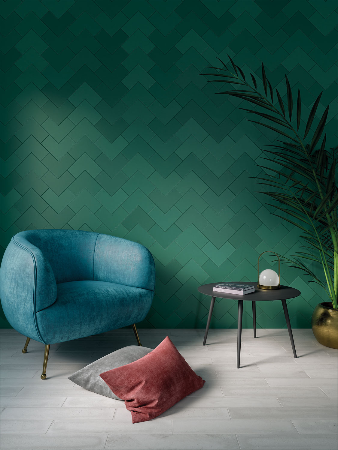 Zielone płytki ceramiczne z charakterystycznymi przejściami tonalnymi – kolekcja Elle od Wow Design.
