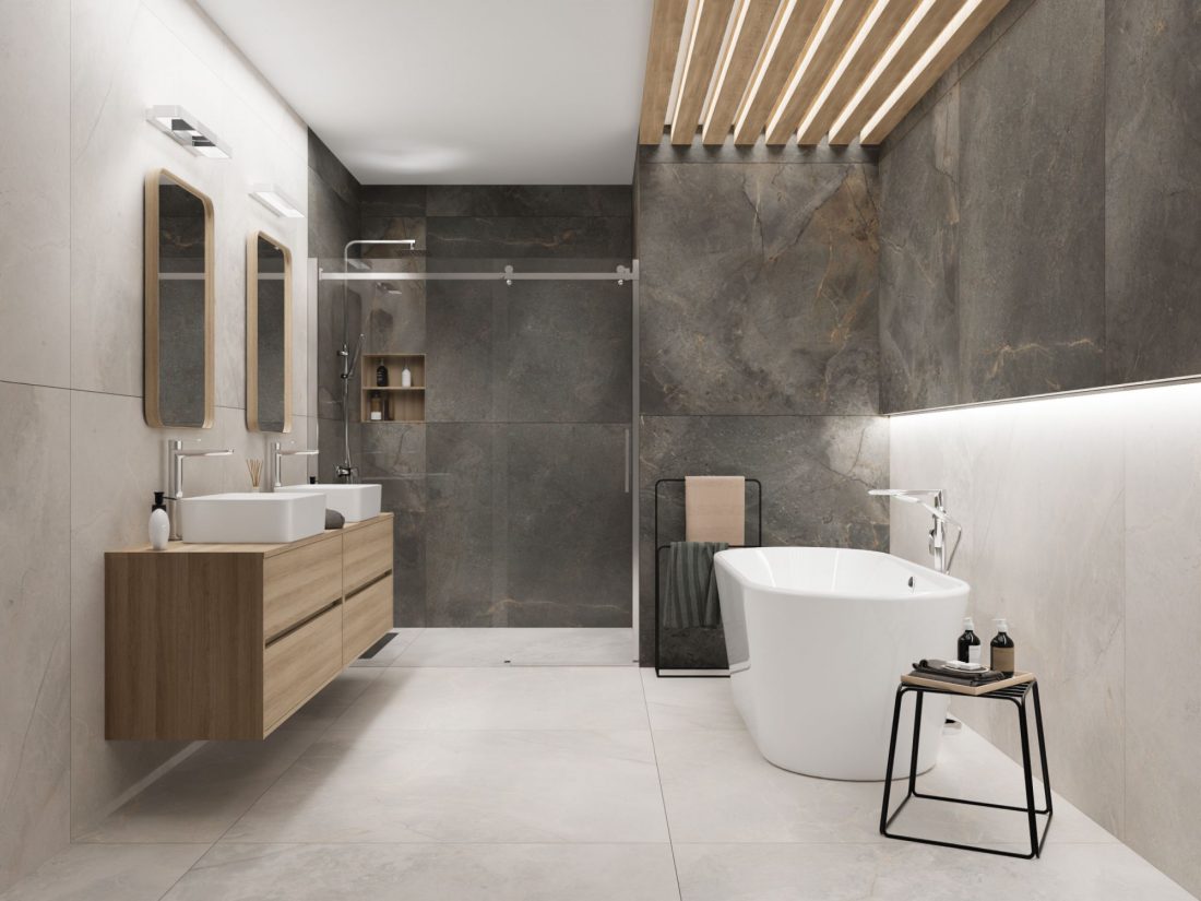 Wyraziste płytki Masterstone Graphite w r0zmiarze 120x280 cm nadają wnętrzu dystyngowanego charakteru. Produkt dostępny w ofercie Domni.pl. Prod. Cerrad / fot. Domni.pl